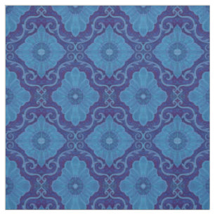 Tissu "Fleurs bleues" arabesque florale, motif dessinée