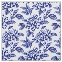 Tissu Fleurs Dahlia Bleues et Blanches Toile de Jouy
