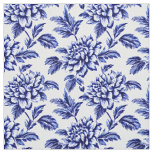 Tissu Fleurs Dahlia Bleues et Blanches Toile de Jouy