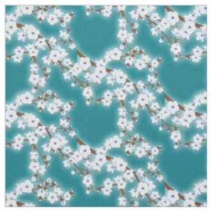 Tissu Fleurs de cerisier blanc motif floral Turquoise