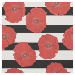 Tissu Fleurs de pavot rouges avec des rayures noires et
