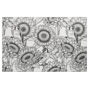 Tissu Fleurs de soleil et ailerons en noir et blanc