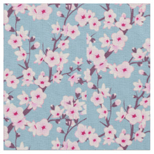 Tissu Fleurs florales de cerisier bleu ciel rose