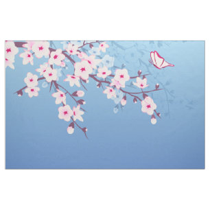 Tissu Fleurs florales de cerisier bleu rose