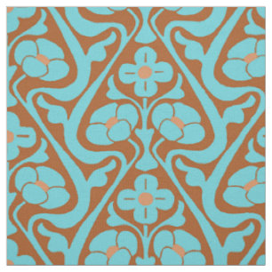 Tissu Fleurs murales de Barcelone Cuivre et Turquoise