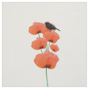 Tissu Fleurs oranges de pavot d'oiseau noir mignon