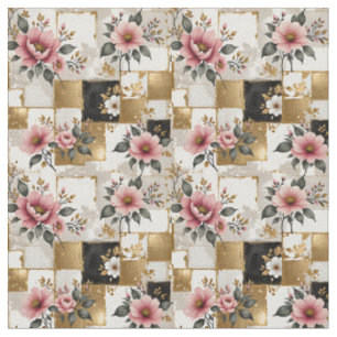 Tissu Fleurs roses et blanches sur Carrés or et noir