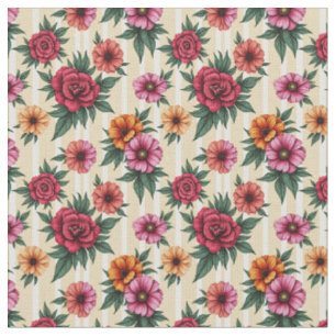 Tissu Fleurs roses rouges et or sur bandes tan