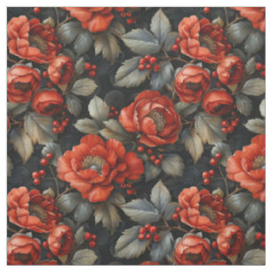 Tissu Fleurs rouges en noir