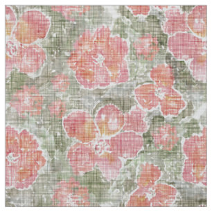Tissu fleurs rouges mossy vert texture toile grossière