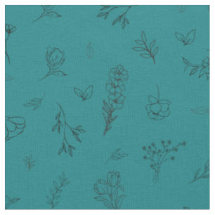 Tissu Fleurs sauvages esquissées sur un fond sarcelle fo