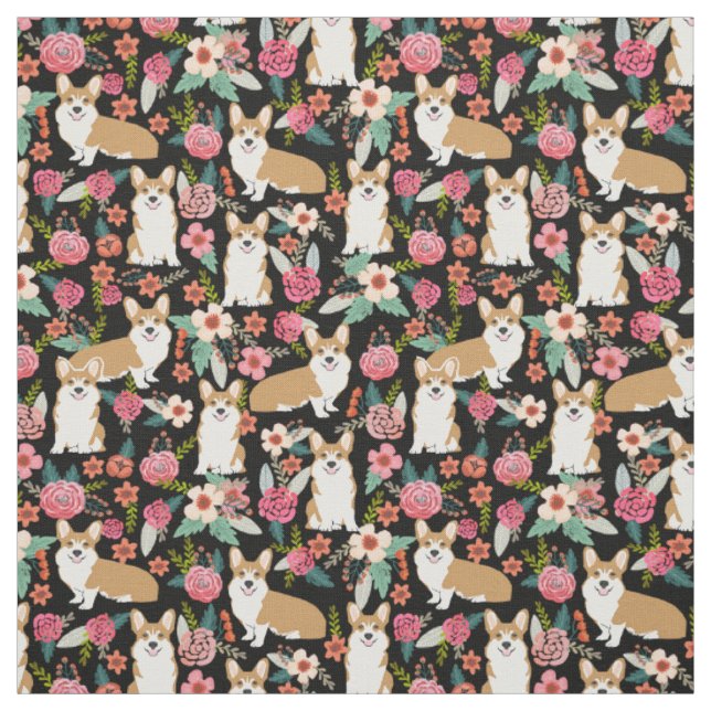 Tissu floral de corgi - noir (Échantillon)