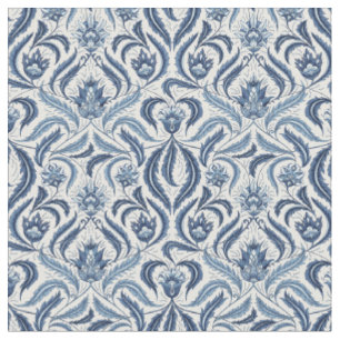 Tissu Floral Feuille damassé bleu et blanc