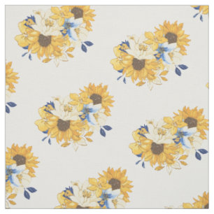 Tissu Flores Bleues Jaunes Fleurs de soleil Feuille Moti