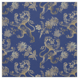 Tissu Glam Gold Lions Fleurs Marine Blue Graphic