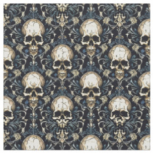 Tissu Goth Skuls avec Floral Bleu