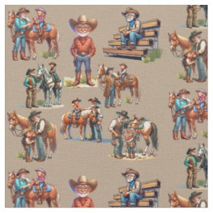 Tissu Grand-père occidental Cowboy avec enfants et cheva