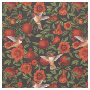Tissu Grenades et colibris/feuilles vertes sur fond noir