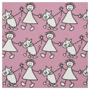 Tissu Happy Stick Girl and Dog