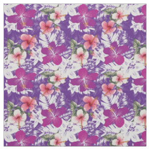 Tissu Hibiscus imprimé à fleurs violet rose blanc et ver
