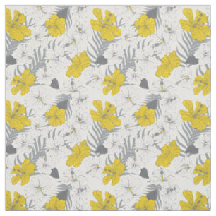 Tissu Hibiscus tropical Jaune floral et gris