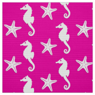 Tissu Hippocampe et étoile de mer - blanc sur rose fuchs