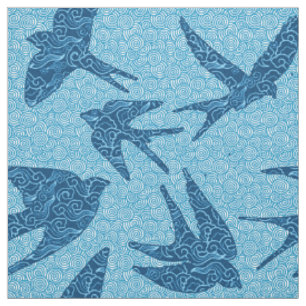 Tissu Hirondelles de Japonais en vol, cobalt et