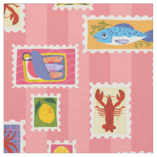 Tissu homard sardine citron timbre collage rayure seafoo