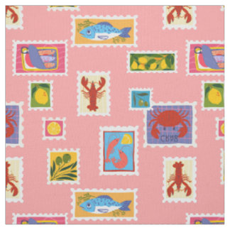 Tissu homard sardine citron timbres collage de fruits de