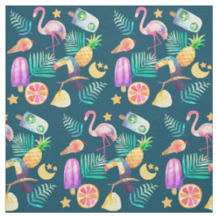 Tissu Images tropicales d'amusement d'été sur Teal