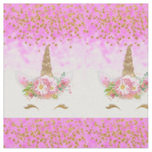 Tissu Imaginaire rose et licorne d'or d'étoiles