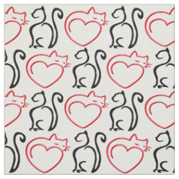 Tissu J'aime des chats ! (Contours noirs et rouges sur