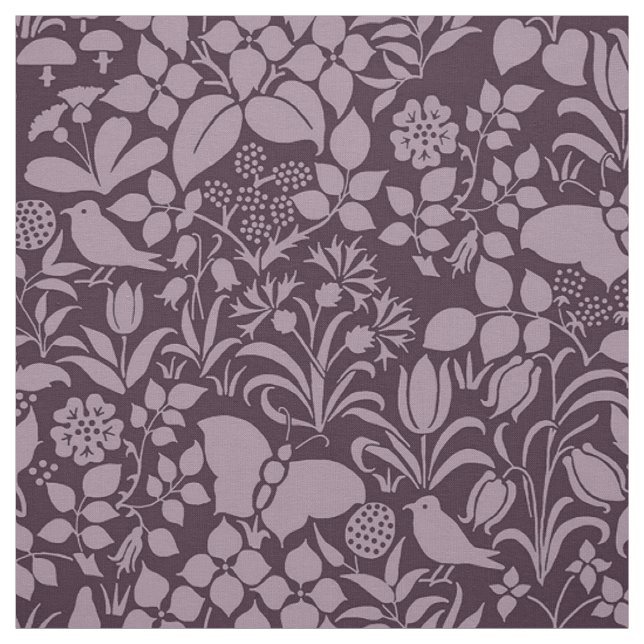 Tissu Jardin avec oiseaux et papillons, Aubergine (Échantillon)