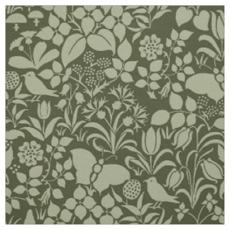 Tissu Jardin avec oiseaux et papillons, Vert olive