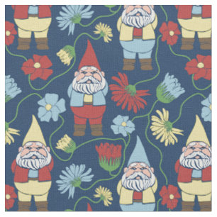 Tissu Jardin Gnomes avec Fleurs Marine Bleu Motif