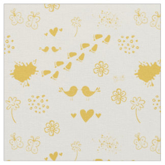 Tissu Jaune rétro et crème motif d'oiseaux, de points,
