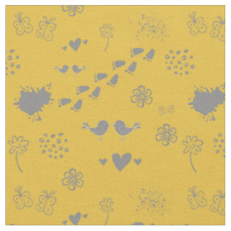 Tissu Jaune rétro et gris motif d'oiseaux, points, foin