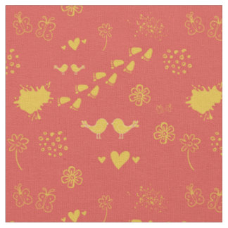 Tissu Jaune rétro et rouge motif des oiseaux, des points