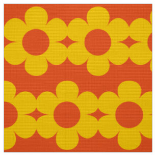Tissu Jaune sur Orange Fleurs rayures Retro Fabric 60s