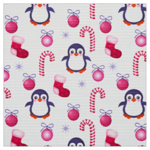 Tissu Joli Motif de Noël rose et blanc avec des pingouin