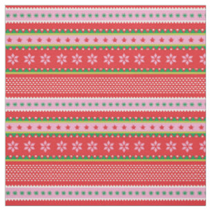 Tissu Joli Noël motif nordique rouge blanc rose vert