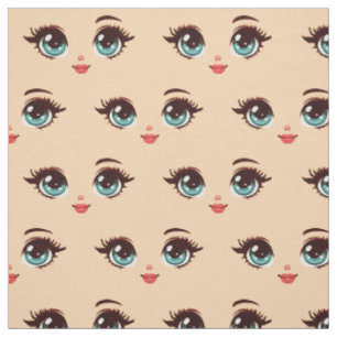 Tissu joli visage de poupée de dessin animé rétro bleu