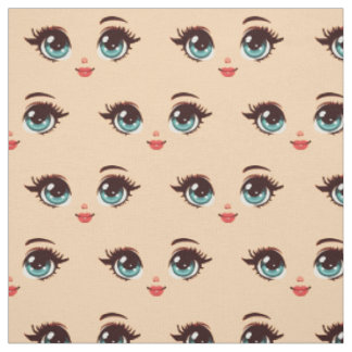 Tissu joli visage de poupée de dessin animé rétro bleu
