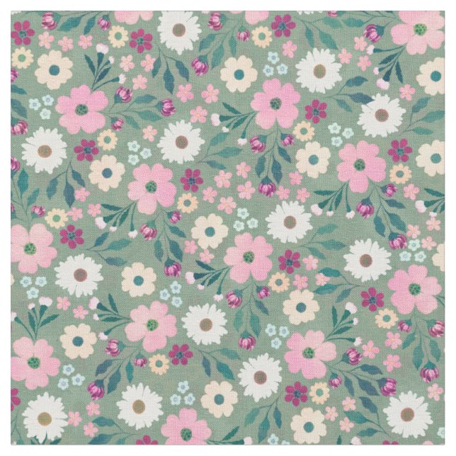 Tissu Jolie fleurs vertes roses Botanique (Fermer)