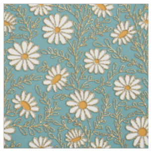Tissu Jolies marguerites blanches jaunes or fleurs bleu