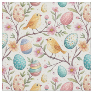 Tissu Jolis Oiseaux Jaunes & Motif d'Oeufs de Pâques Déc