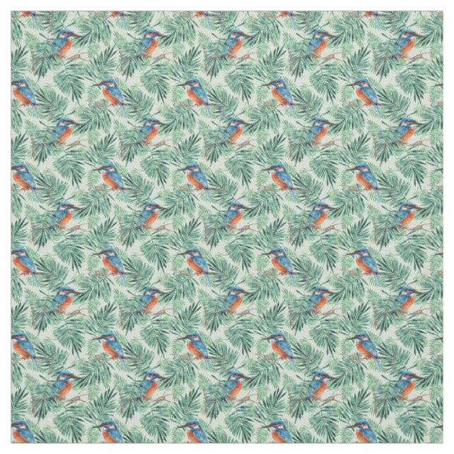 Tissu Kingfisher. Oiseaux et feuilles (Échantillon)