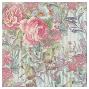 Tissu La grunge rose verte vintage barre l'oiseau floral