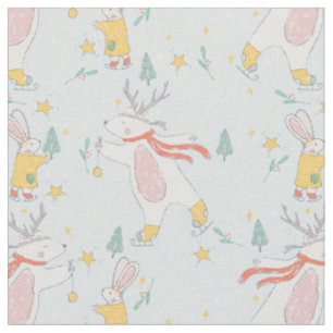 Tissu Lapin et Ours de la Forêt d'Hiver Motif