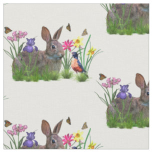 Tissu Lapin, Robin, et fleurs, personnalisables